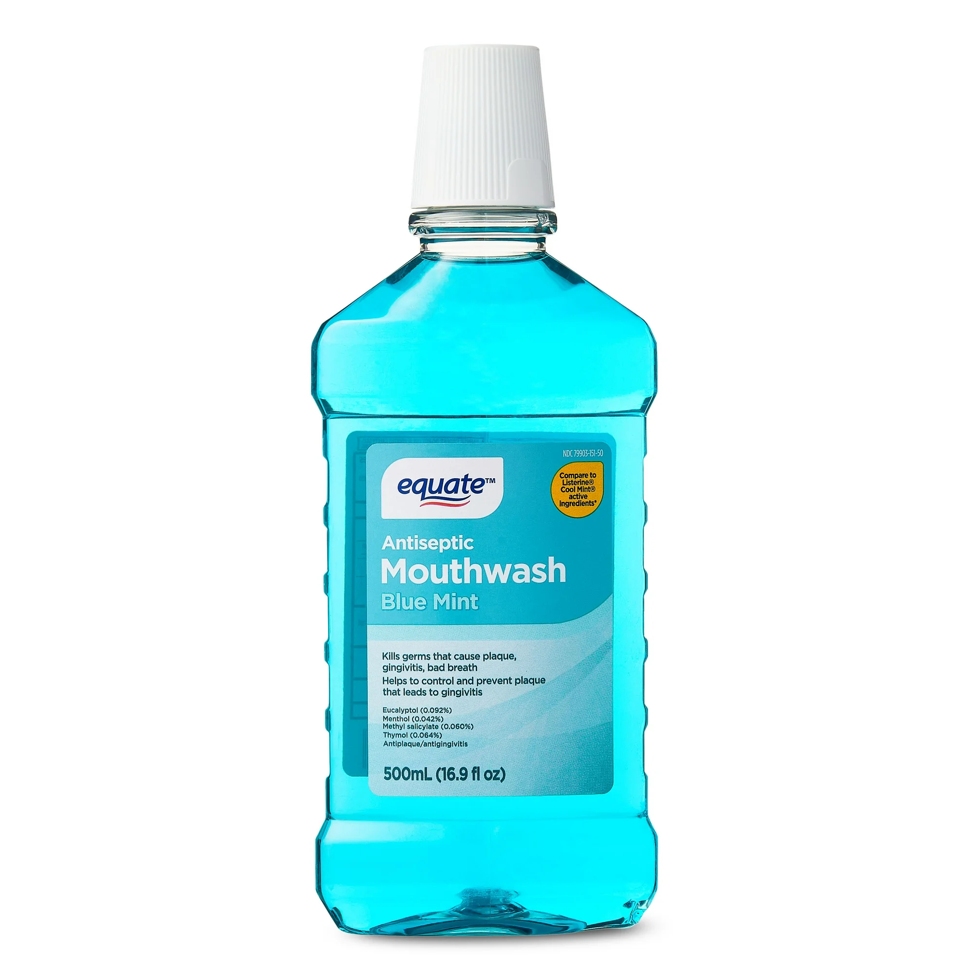 Equate Blue Mint Antiseptic Mouthwash for Bad Breath & Plaque Oral Care