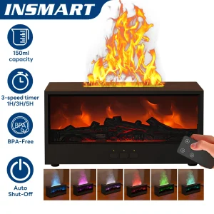 INSMART 3D Flame Essential Oil Diffuser with Remote,7-Color Fireplace Effect,150ml Humidifier